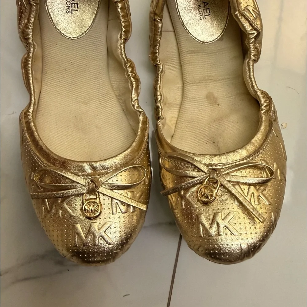 Michael Kors Girls' Metallic Gold MK Ballet Flats Size 7